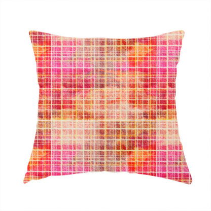 The fabric used to create this handmade cushion is a fabric features an intricate, layered plaid pattern that blends warm tones of red, orange, yellow, and deep pink. The design has a slightly blurred, watercolour effect with a dense grid of fine white and gold lines overlapping the vibrant colours.