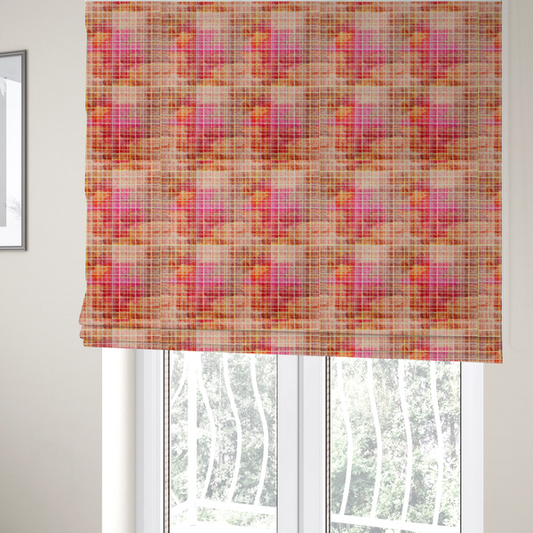 The fabric used to create these Roman blinds is a fabric features an intricate, layered plaid pattern that blends warm tones of red, orange, yellow, and deep pink. The design has a slightly blurred, watercolour effect with a dense grid of fine white and gold lines overlapping the vibrant colours.