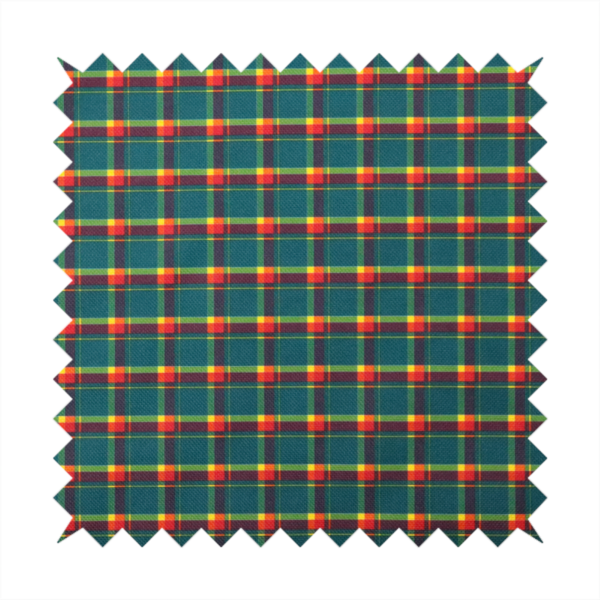 This fabric features a woven plaid pattern dominated by a deep teal background, intersected by a structured grid of thin horizontal and vertical lines in bright yellow, orange, and dark burgundy.