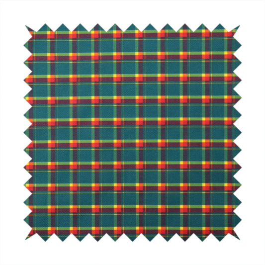 This fabric features a woven plaid pattern dominated by a deep teal background, intersected by a structured grid of thin horizontal and vertical lines in bright yellow, orange, and dark burgundy.