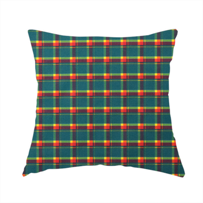 The fabric used to create this handmade cushion is a fabric features a woven plaid pattern dominated by a deep teal background, intersected by a structured grid of thin horizontal and vertical lines in bright yellow, orange, and dark burgundy.