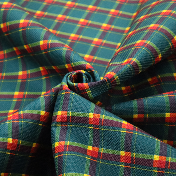 This fabric features a woven plaid pattern dominated by a deep teal background, intersected by a structured grid of thin horizontal and vertical lines in bright yellow, orange, and dark burgundy.