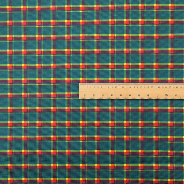 This fabric features a woven plaid pattern dominated by a deep teal background, intersected by a structured grid of thin horizontal and vertical lines in bright yellow, orange, and dark burgundy.