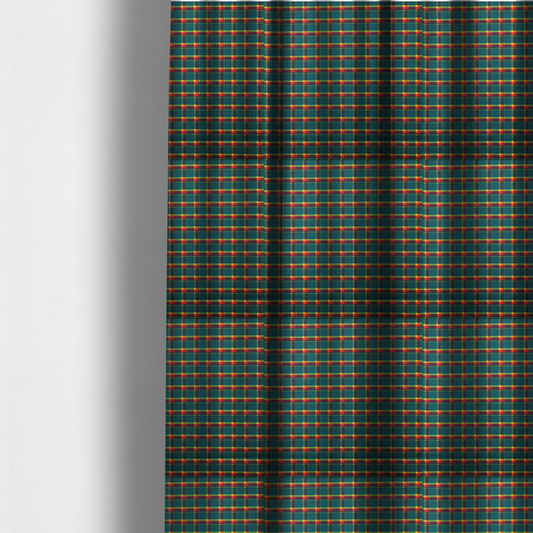 The fabric used to create these made-to-measure curtains is a fabric features a woven plaid pattern dominated by a deep teal background, intersected by a structured grid of thin horizontal and vertical lines in bright yellow, orange, and dark burgundy.