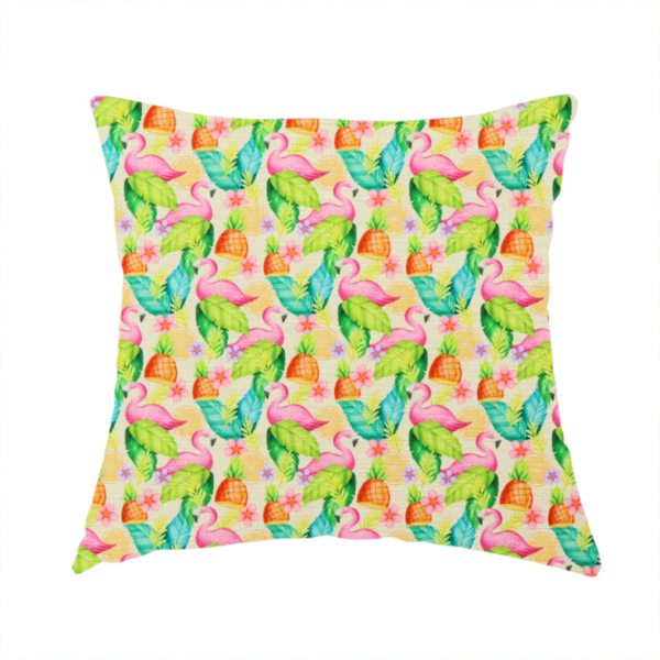 The fabric used to create this handmade cushion is a fabric features a tropical pattern on a light, neutral background, densely decorated with illustrations of bright pink flamingos, pineapples, lush green tropical leaves, and small purple and pink flowers.