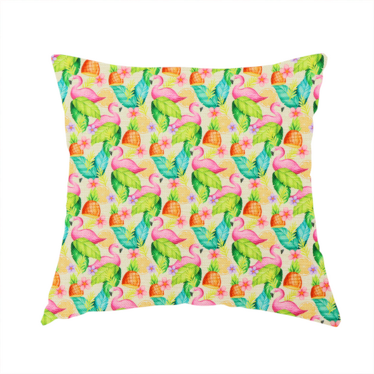 The fabric used to create this handmade cushion is a fabric features a tropical pattern on a light, neutral background, densely decorated with illustrations of bright pink flamingos, pineapples, lush green tropical leaves, and small purple and pink flowers.