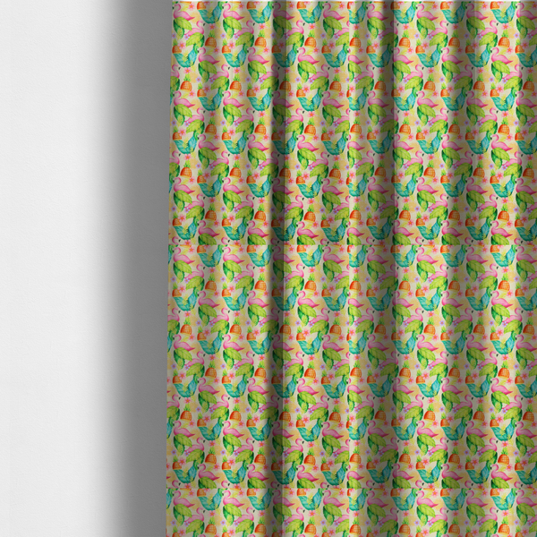 The fabric used to create these made-to-measure curtains is a fabric features a tropical pattern on a light, neutral background, densely decorated with illustrations of bright pink flamingos, pineapples, lush green tropical leaves, and small purple and pink flowers.