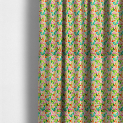 The fabric used to create these made-to-measure curtains is a fabric features a tropical pattern on a light, neutral background, densely decorated with illustrations of bright pink flamingos, pineapples, lush green tropical leaves, and small purple and pink flowers.