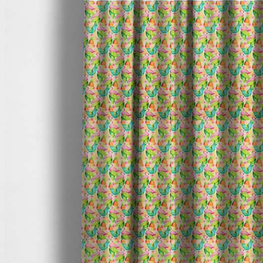 The fabric used to create these made-to-measure curtains is a fabric features a tropical pattern on a light, neutral background, densely decorated with illustrations of bright pink flamingos, pineapples, lush green tropical leaves, and small purple and pink flowers.