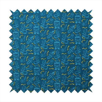 This fabric features a playful, dark teal background covered in a whimsical pattern of small, light blue line-art monsters and yellow zigzagging lightning bolt accents.