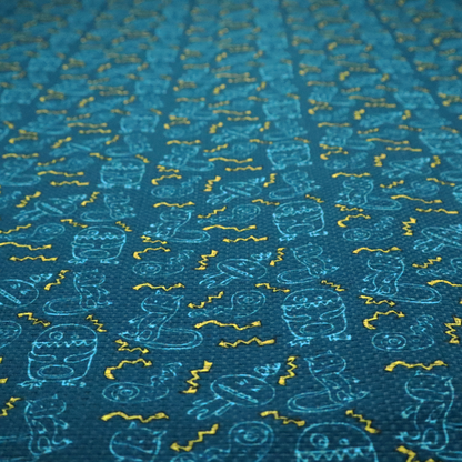 This fabric features a playful, dark teal background covered in a whimsical pattern of small, light blue line-art monsters and yellow zigzagging lightning bolt accents.