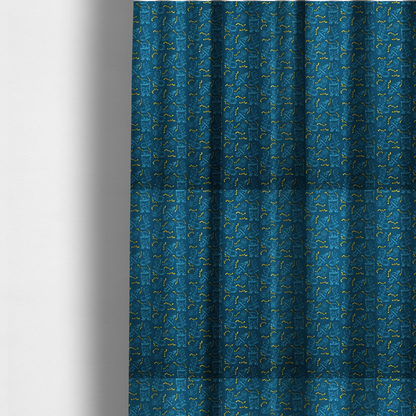 The fabric used to create these made-to-measure curtains is a fabric features a playful, dark teal background covered in a whimsical pattern of small, light blue line-art monsters and yellow zigzagging lightning bolt accents.
