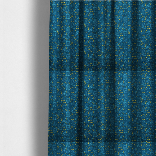 The fabric used to create these made-to-measure curtains is a fabric features a playful, dark teal background covered in a whimsical pattern of small, light blue line-art monsters and yellow zigzagging lightning bolt accents.