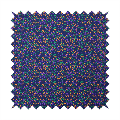 This fabric features a dense geometric pattern of tiny, randomly oriented triangles in shades of purple, green, and orange scattered across a solid dark navy blue background.