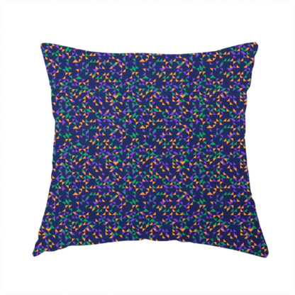 The fabric used to create this handmade cushion is a fabric features a dense geometric pattern of tiny, randomly oriented triangles in shades of purple, green, and orange scattered across a solid dark navy blue background.