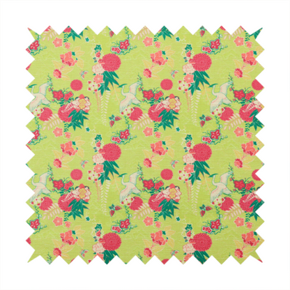 This fabric features a whimsical, Chinoiseries-inspired pattern on a bright chartreuse-green background, repeating illustrations of white cranes, large dark pink pom-pom flowers, and leafy green ferns.