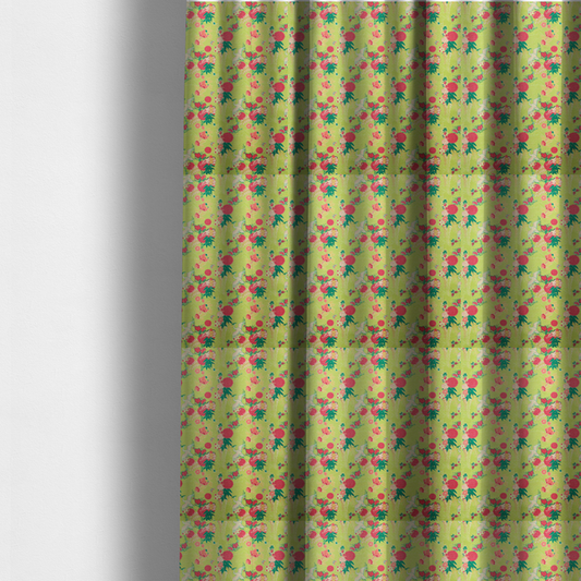 The fabric used to create these made-to-measure curtains is a fabric features a whimsical, Chinoiseries-inspired pattern on a bright chartreuse-green background, repeating illustrations of white cranes, large dark pink pom-pom flowers, and leafy green ferns.