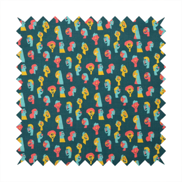 This fabric features a whimsical, repeating pattern on a dark teal background, decorated with stylized, colourful illustrations of diverse human faces in shades of bright yellow, light blue, and coral pink.