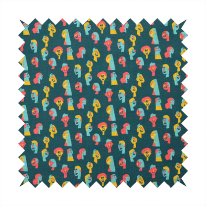 This fabric features a whimsical, repeating pattern on a dark teal background, decorated with stylized, colourful illustrations of diverse human faces in shades of bright yellow, light blue, and coral pink.