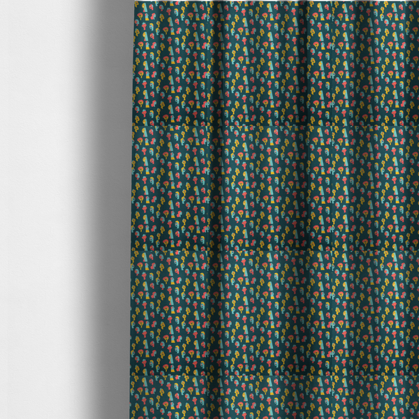 The fabric used to create these made-to-measure curtains is a fabric features a whimsical, repeating pattern on a dark teal background, decorated with stylized, colourful illustrations of diverse human faces in shades of bright yellow, light blue, and coral pink.
