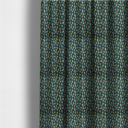 The fabric used to create these made-to-measure curtains is a fabric features a whimsical, repeating pattern on a dark teal background, decorated with stylized, colourful illustrations of diverse human faces in shades of bright yellow, light blue, and coral pink.