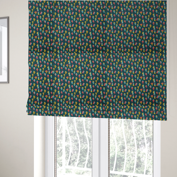 The fabric used to create these Roman blinds is a fabric features a whimsical, repeating pattern on a dark teal background, decorated with stylized, colourful illustrations of diverse human faces in shades of bright yellow, light blue, and coral pink.