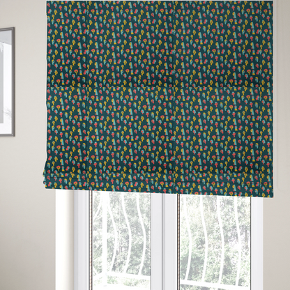 The fabric used to create these Roman blinds is a fabric features a whimsical, repeating pattern on a dark teal background, decorated with stylized, colourful illustrations of diverse human faces in shades of bright yellow, light blue, and coral pink.