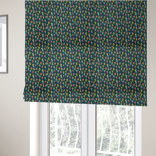 The fabric used to create these Roman blinds is a fabric features a whimsical, repeating pattern on a dark teal background, decorated with stylized, colourful illustrations of diverse human faces in shades of bright yellow, light blue, and coral pink.