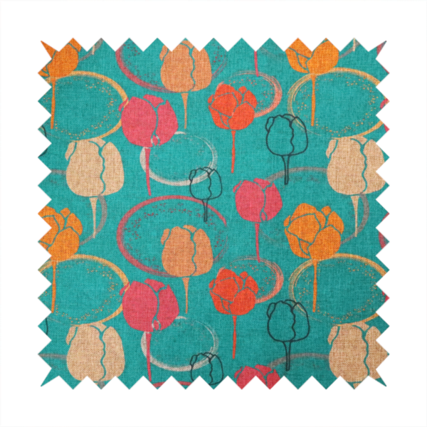 This fabric features a retro-inspired floral pattern on a bright teal background, with repeating motifs of stylized tulips in shades of orange, coral, and beige, interspersed with thin black line-art outlines of tulips and layered circular elements.