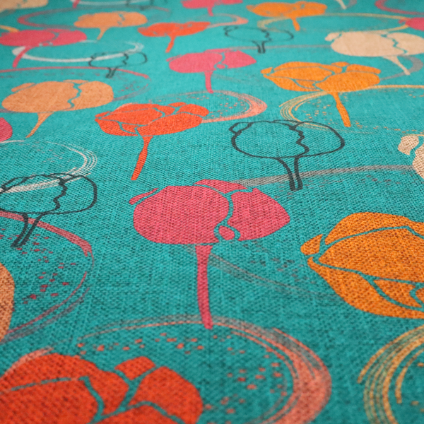 This fabric features a retro-inspired floral pattern on a bright teal background, with repeating motifs of stylized tulips in shades of orange, coral, and beige, interspersed with thin black line-art outlines of tulips and layered circular elements.
