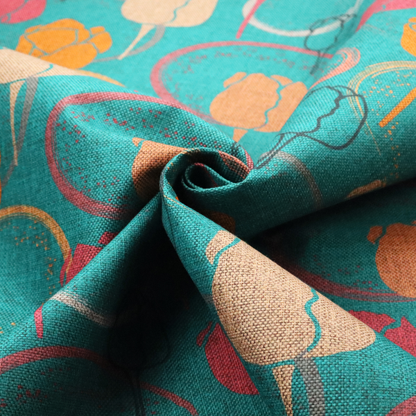 This fabric features a retro-inspired floral pattern on a bright teal background, with repeating motifs of stylized tulips in shades of orange, coral, and beige, interspersed with thin black line-art outlines of tulips and layered circular elements.