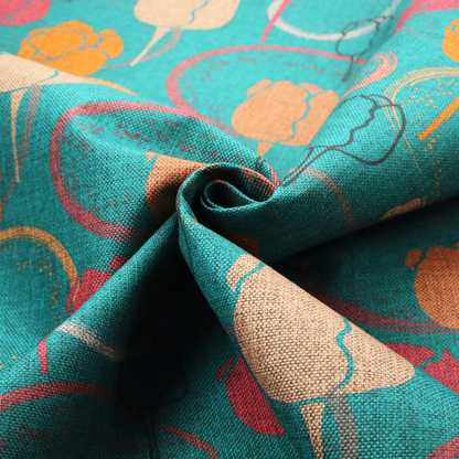 This fabric features a retro-inspired floral pattern on a bright teal background, with repeating motifs of stylized tulips in shades of orange, coral, and beige, interspersed with thin black line-art outlines of tulips and layered circular elements.
