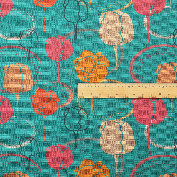 This fabric features a retro-inspired floral pattern on a bright teal background, with repeating motifs of stylized tulips in shades of orange, coral, and beige, interspersed with thin black line-art outlines of tulips and layered circular elements.
