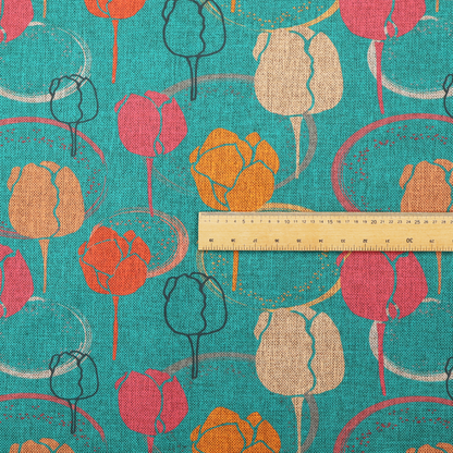 This fabric features a retro-inspired floral pattern on a bright teal background, with repeating motifs of stylized tulips in shades of orange, coral, and beige, interspersed with thin black line-art outlines of tulips and layered circular elements.