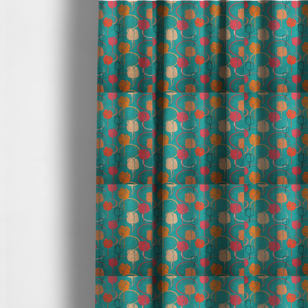 The fabric used to create these made-to-measure curtains is a fabric features a retro-inspired floral pattern on a bright teal background, with repeating motifs of stylized tulips in shades of orange, coral, and beige, interspersed with thin black line-art outlines of tulips and layered circular elements.