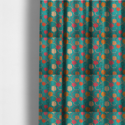 The fabric used to create these made-to-measure curtains is a fabric features a retro-inspired floral pattern on a bright teal background, with repeating motifs of stylized tulips in shades of orange, coral, and beige, interspersed with thin black line-art outlines of tulips and layered circular elements.