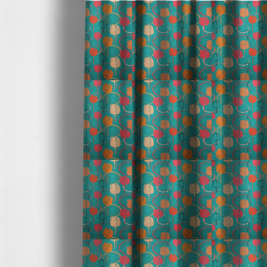The fabric used to create these made-to-measure curtains is a fabric features a retro-inspired floral pattern on a bright teal background, with repeating motifs of stylized tulips in shades of orange, coral, and beige, interspersed with thin black line-art outlines of tulips and layered circular elements.