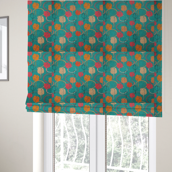 The fabric used to create these Roman blinds is a fabric features a retro-inspired floral pattern on a bright teal background, with repeating motifs of stylized tulips in shades of orange, coral, and beige, interspersed with thin black line-art outlines of tulips and layered circular elements.