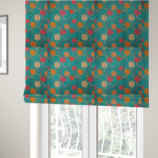 The fabric used to create these Roman blinds is a fabric features a retro-inspired floral pattern on a bright teal background, with repeating motifs of stylized tulips in shades of orange, coral, and beige, interspersed with thin black line-art outlines of tulips and layered circular elements.