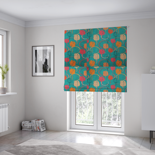 The fabric used to create these Roman blinds is a fabric features a retro-inspired floral pattern on a bright teal background, with repeating motifs of stylized tulips in shades of orange, coral, and beige, interspersed with thin black line-art outlines of tulips and layered circular elements.