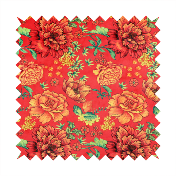A vibrant red fabric featuring a repeating Chinoiseries floral pattern with large, detailed peony and marigold blossoms in shades of orange and yellow, accented by green leaves and stems.