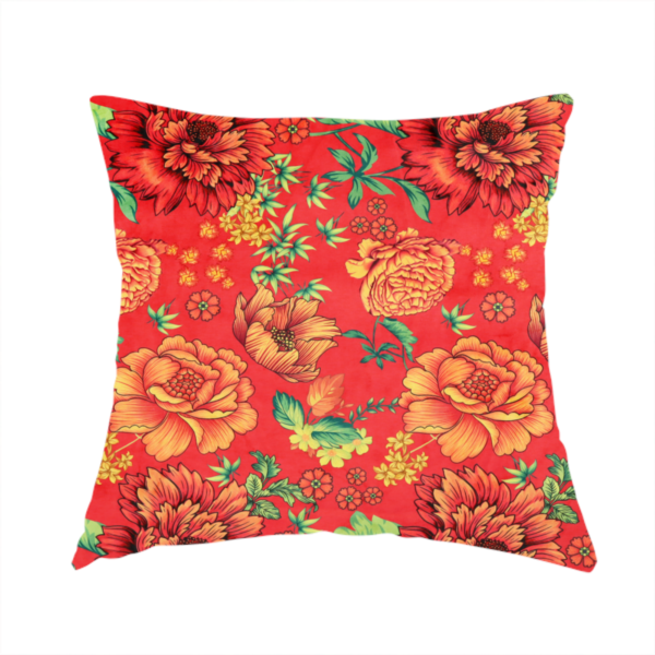 The fabric used to create this handmade cushion is a vibrant red fabric featuring a repeating Chinoiseries floral pattern with large, detailed peony and marigold blossoms in shades of orange and yellow, accented by green leaves and stems.