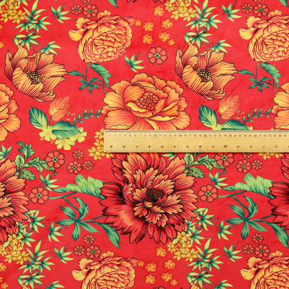 A vibrant red fabric featuring a repeating Chinoiseries floral pattern with large, detailed peony and marigold blossoms in shades of orange and yellow, accented by green leaves and stems.