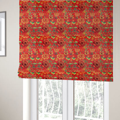 The fabric used to create these Roman blinds is a vibrant red fabric featuring a repeating Chinoiseries floral pattern with large, detailed peony and marigold blossoms in shades of orange and yellow, accented by green leaves and stems.