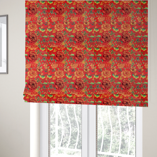 The fabric used to create these Roman blinds is a vibrant red fabric featuring a repeating Chinoiseries floral pattern with large, detailed peony and marigold blossoms in shades of orange and yellow, accented by green leaves and stems.