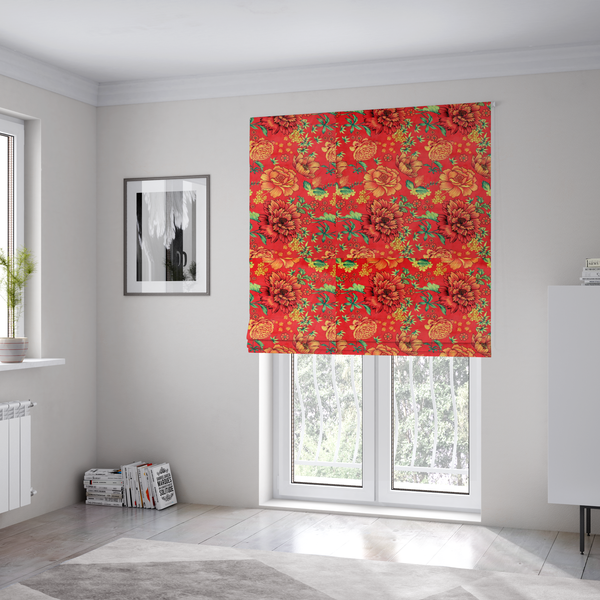 The fabric used to create these Roman blinds is a vibrant red fabric featuring a repeating Chinoiseries floral pattern with large, detailed peony and marigold blossoms in shades of orange and yellow, accented by green leaves and stems.