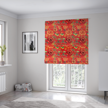 The fabric used to create these Roman blinds is a vibrant red fabric featuring a repeating Chinoiseries floral pattern with large, detailed peony and marigold blossoms in shades of orange and yellow, accented by green leaves and stems.