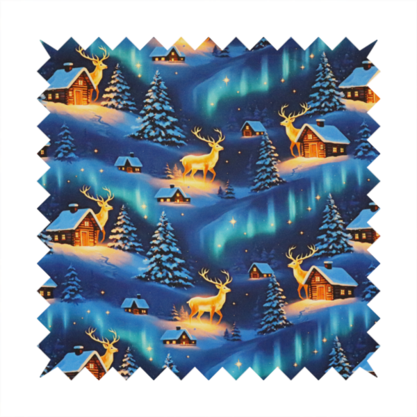 Northern Lights Winter Cabin & Glowing Reindeer Scenic Upholstery Fabric DP-58