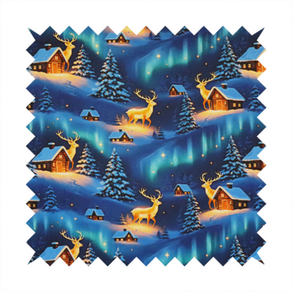 Northern Lights Winter Cabin & Glowing Reindeer Scenic Upholstery Fabric DP-58