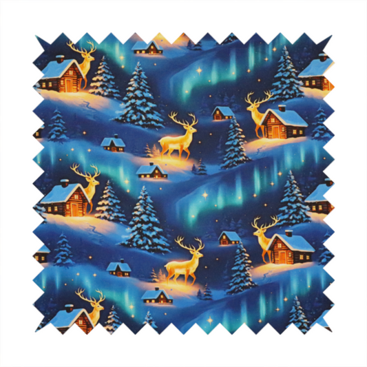 Northern Lights Winter Cabin & Glowing Reindeer Scenic Upholstery Fabric DP-58